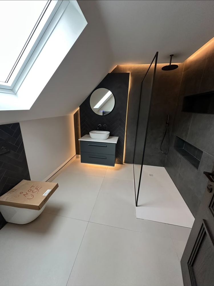 Loft bathroom with LED lighting and walk-in shower